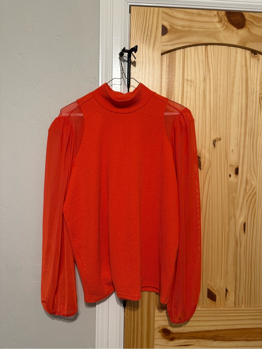 Diane Gilman Bright Red Sheer-Sleeve Cowl Neck Sweater